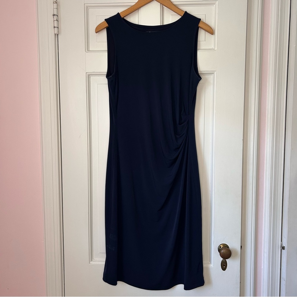Brooks Brothers Navy Blue Side Ruched Sheath Sleeveless Midi Dress Size Medium